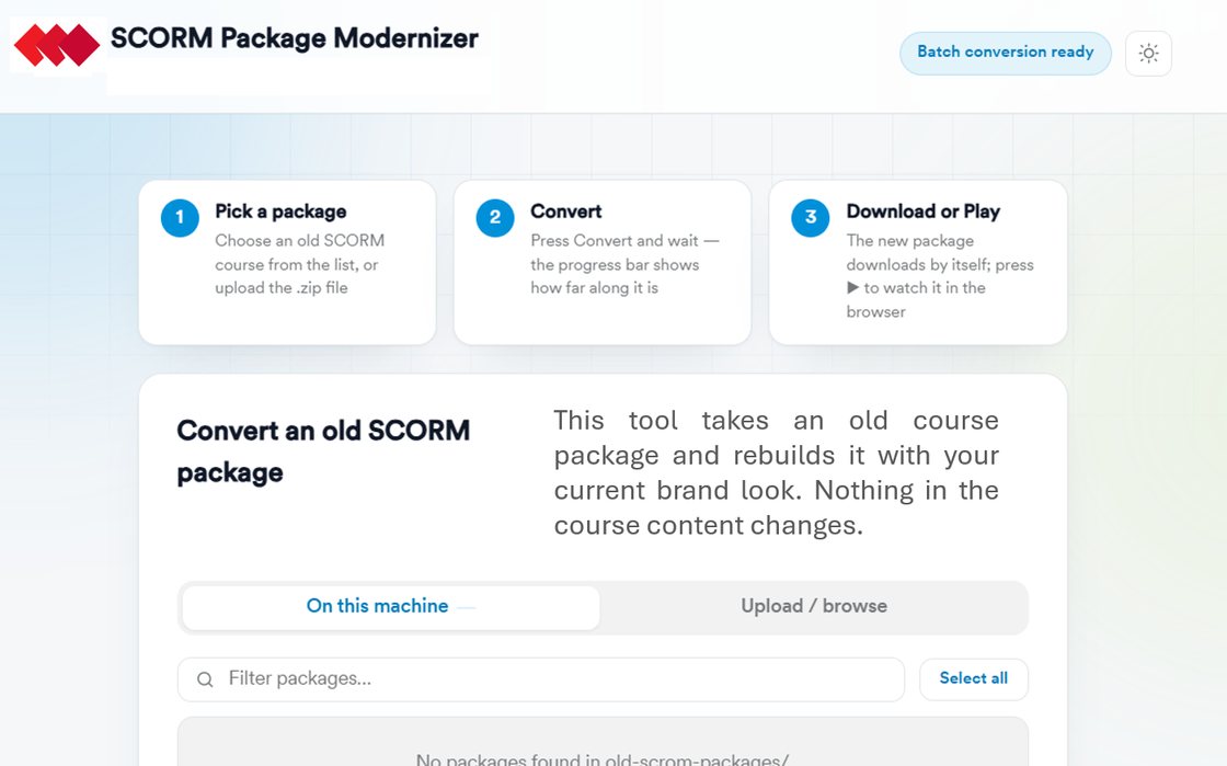 PedFresh — the SCORM Package Modernizer interface